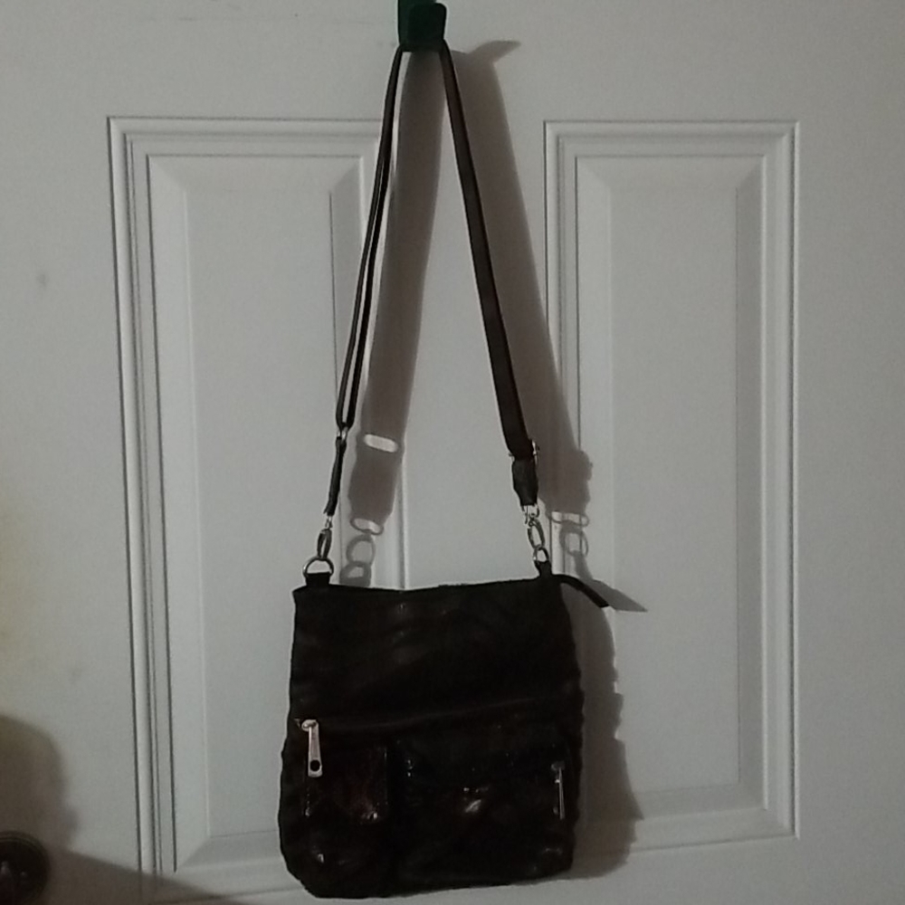 Brown, black & copper colored crossbody purse